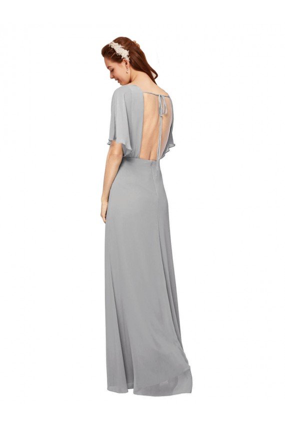 V-Neck Long Chiffon Bridesmaid Dress with Dolman Sleeved Bodice and Slit Essex