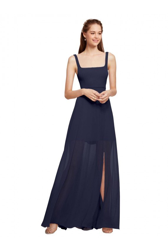 Squre Necked Long Chiffon Bridesmaid Dress with Front Slit Essex