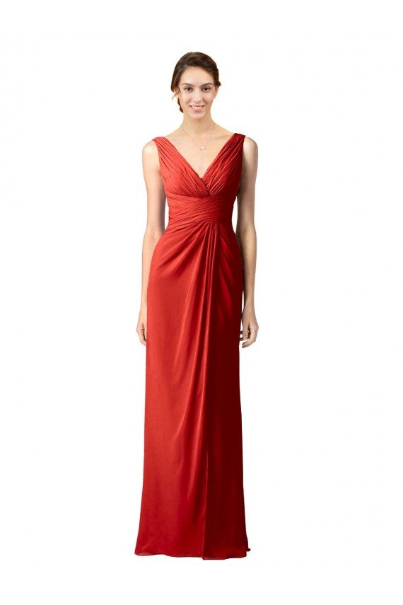 Shirred Long Floor Length Chiffon Bridesmaid Dress with V-Back Essex