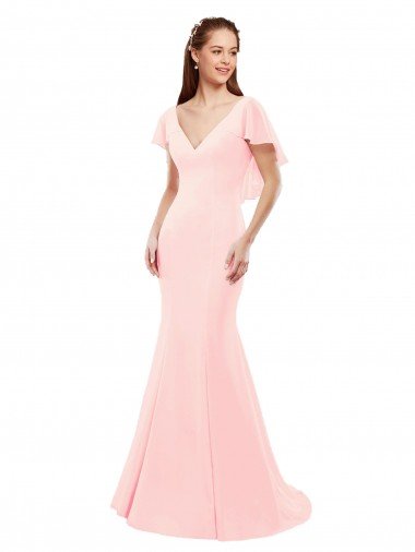 Fit and Flare Chiffon Bridesmaid Dress with V-Neck and Flutter Sleeves Essex