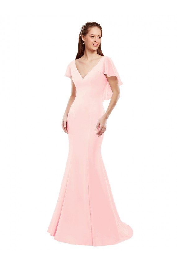 Fit and Flare Chiffon Bridesmaid Dress with V-Neck and Flutter Sleeves Essex