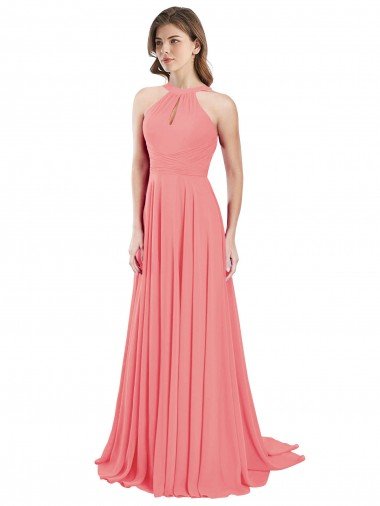 Draped A-Line Chiffon Bridesmaid Dress with Halter Keyhole Neckline Essex