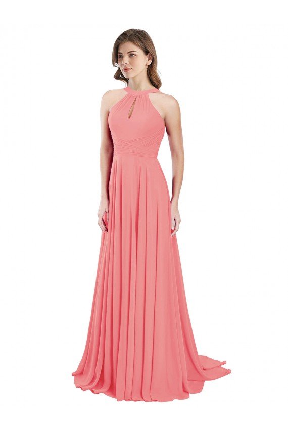 Draped A-Line Chiffon Bridesmaid Dress with Halter Keyhole Neckline Essex