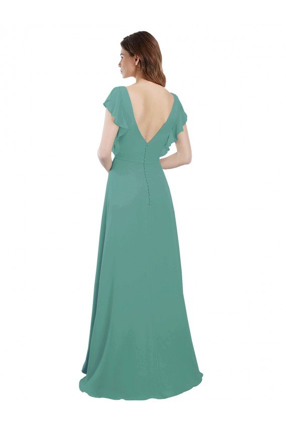Full Length Chiffon Bridesmaid Dress with Ruffled Cap Sleeves and Side Slit Essex