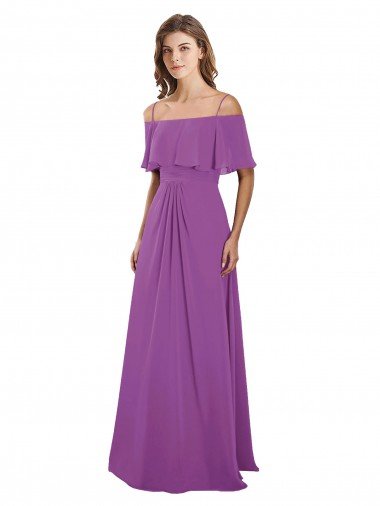 Draped Off The Shoulder Chiffon Bridesmaid Dress with Spaghetti Straps and Ruffled Neckline Essex