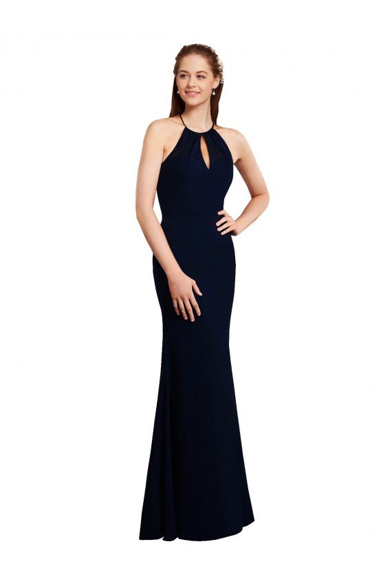 Fluted Long Chiffon Bridesmaid Dress with Halter Neckline and Keyhole Essex