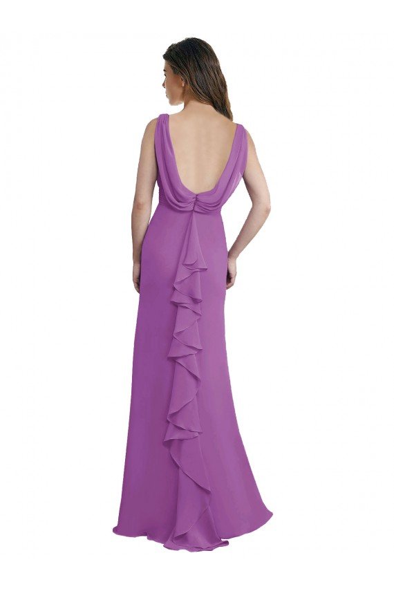 V-Shaped Neckline Long Chiffon Bridesmaid Dress with Cascading Ruffles Back Essex