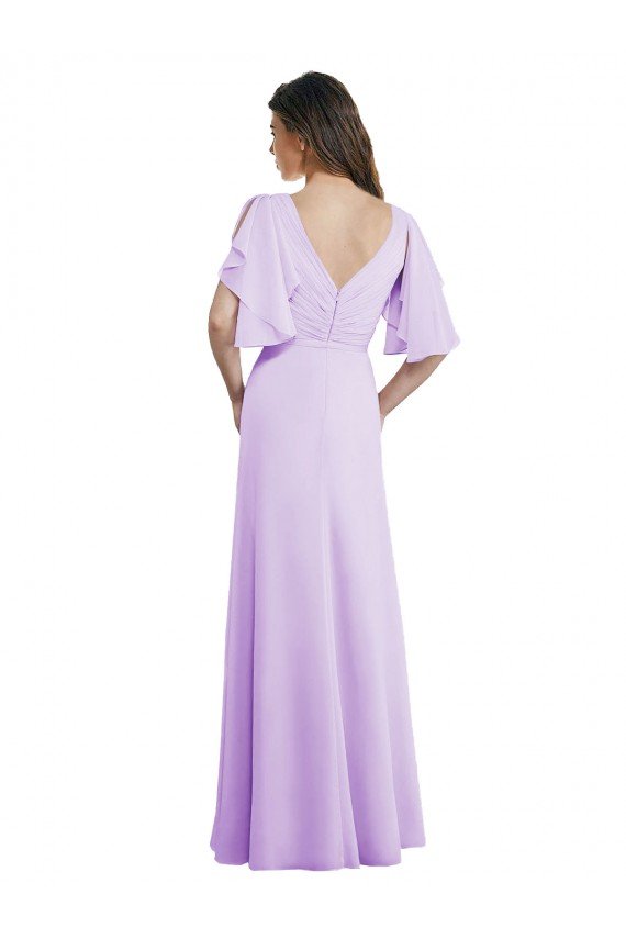 A-Line Draped Chiffon Bridesmaid Dress with V-Neck and Split Sleeves Essex