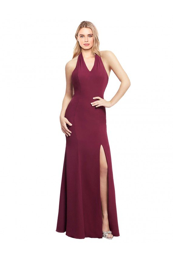 Chiffon Mermaid Bridesmaid Dress with Back Tie Halter Straps and Side Slit Essex