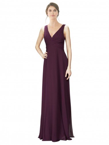 Long Chiffon Bridesmaid Dress with Ruched Criss Cross V-Neck Bodice Essex