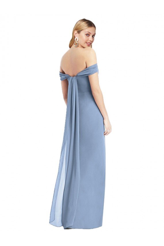 Full Length Draped Off the Shoulder Maxi Bridesmaid Dress with Shirred Streamer Essex