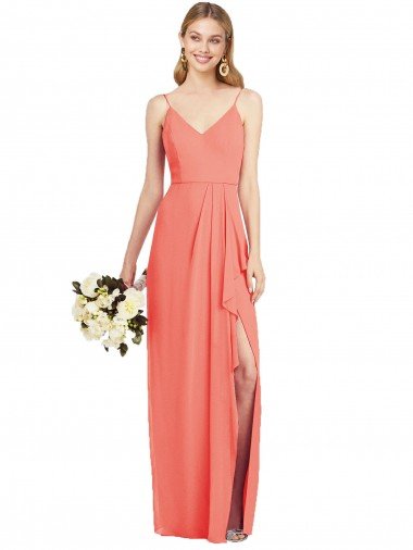 Spaghetti Strap Draped Skirt Chiffon Bridesmaid Dress with Front Slit Essex