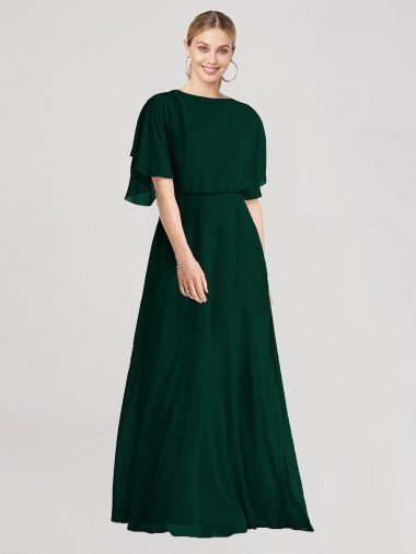 Full-Length Flutter Sleeves Plunging V Back Chiffon Bridesmaid Dress Essex