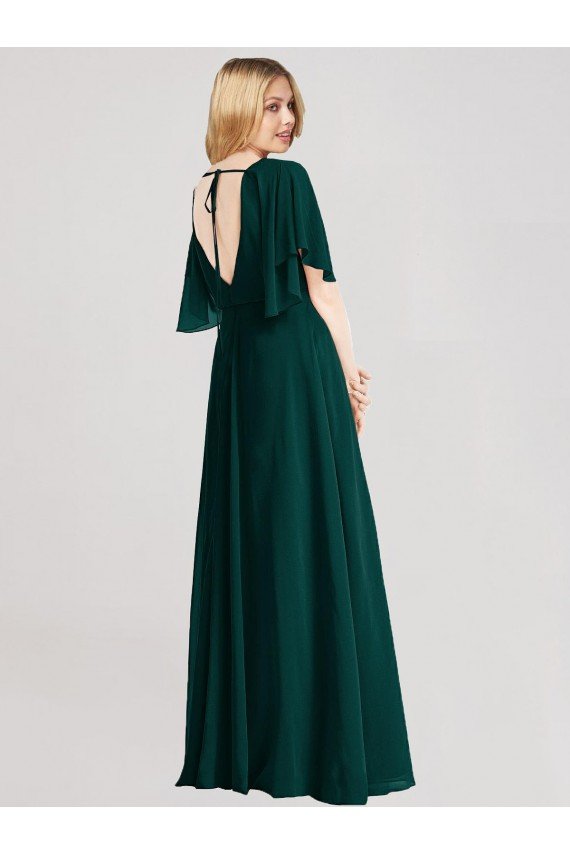 Full-Length Flutter Sleeves Plunging V Back Chiffon Bridesmaid Dress Essex