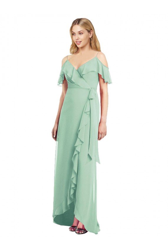 High Low Off the Shoulder Wrap Chiffon Bridesmaid Dress  Essex