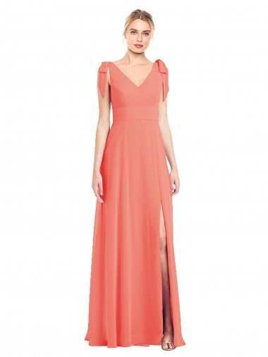 Full Length Bow-Shoulder V-Back Chiffon Bridesmaid Dress with Front Slit Essex