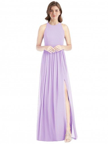 Shirred Skirt Jewel Neck Halter Chiffon Bridesmaid Dress with Front Slit Essex