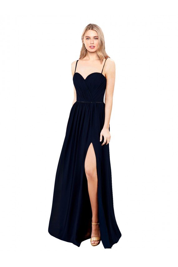 Draped A-Line Chiffon Formal Bridesmaid Dress with Spaghetti Straps and High Slit Essex