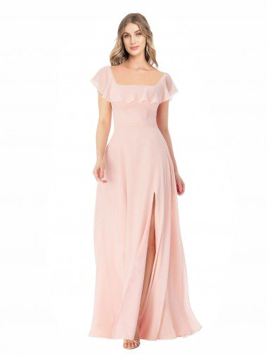 Flutter Cap Sleeves Square Neck Ruffle Chiffon Bridesmaid Dress with Pockets Essex