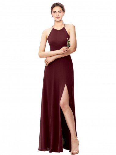 Slim Long High Halter Neck Chiffon Bridesmaid Dress with High Side Slit Essex