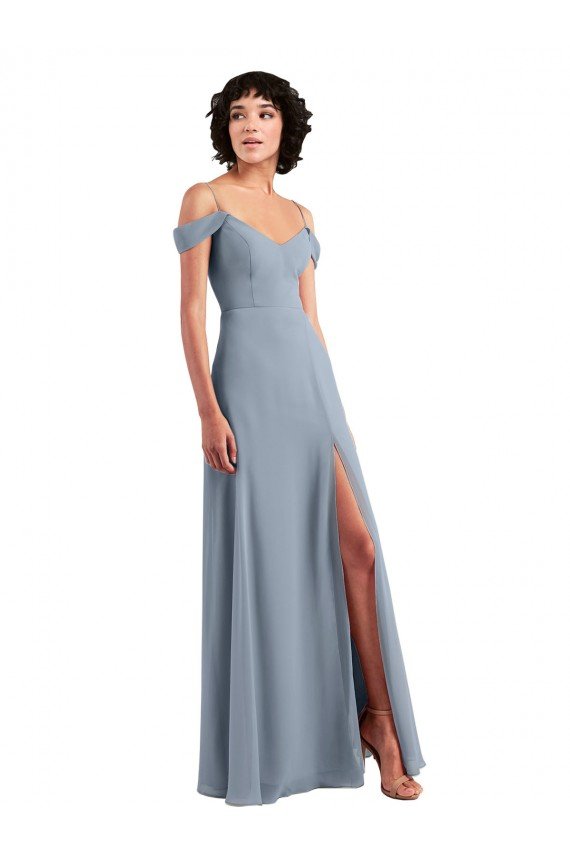 Off the Shoulder Folded Sleeve Long Chiffon Bridesmaid Dress with High Side Slit Essex