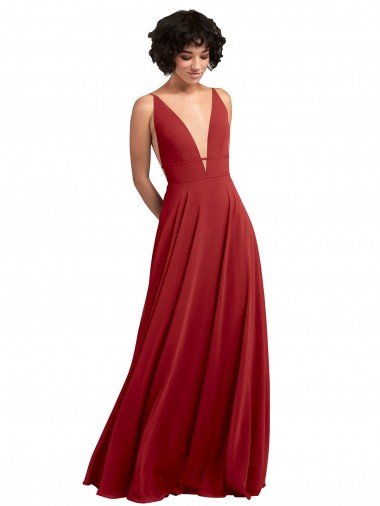 Fitted Plunging Deep V-Neck Long Chiffon Bridesmaid Dress with V-Back Essex