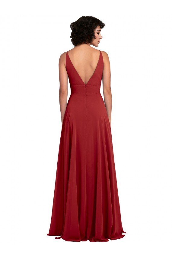 Fitted Plunging Deep V-Neck Long Chiffon Bridesmaid Dress with V-Back Essex