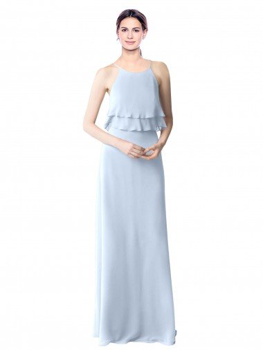 High Narrow Neck Long Chiffon Bridesmaid Dress with Tiered Ruffles Essex