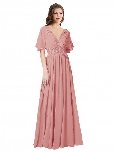 Flutter Sleeves Plunging V-Neck Boho Chiffon Bridesmaid Dress Essex