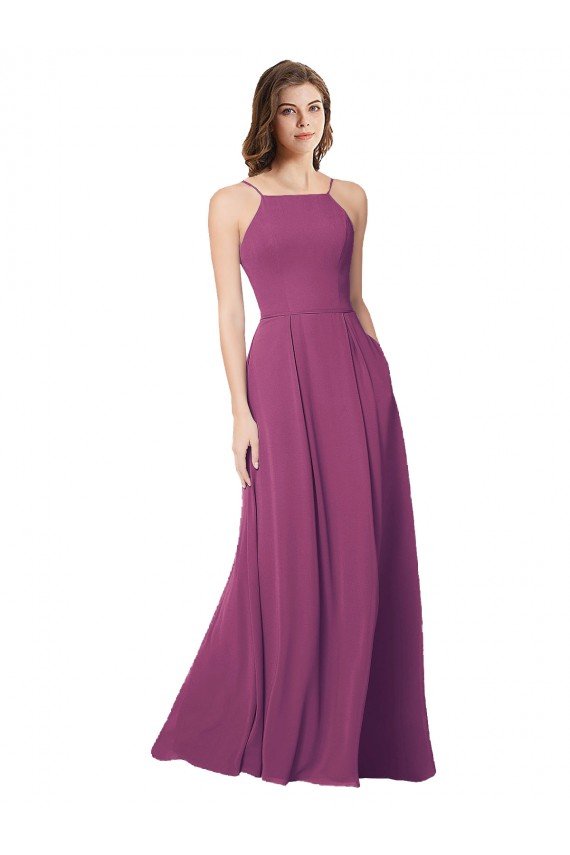 Halter Neck Long Pleated Chiffon Bridesmaid Dress with Pockets Essex