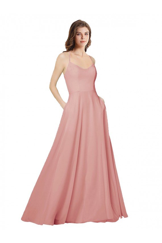 Open Back Wide Tie Band Long Chiffon Bridesmaid Dress with Pockets Essex