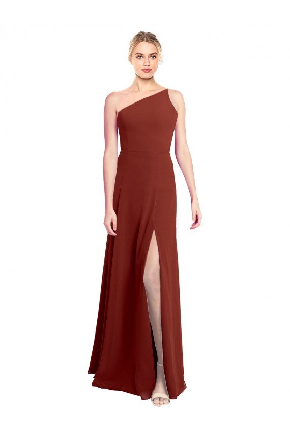 Fit and Flare One Shoulder Long Chiffon Bridesmaid Dress with High Slit Essex