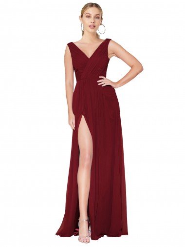 Draped Mermaid Long V-Neck Chiffon Bridesmaid Dress / Formal Prom Dress with High Slit Essex