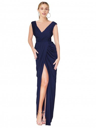 Draped V-Neck Long Chiffon Bridesmaid Dress / Formal Prom Dress with Front Slit Essex