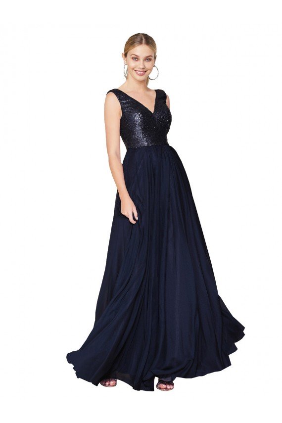 High Neck V-Neck Long Chiffon Bridesmaid Dress / Prom Dress with Sequin Top Essex