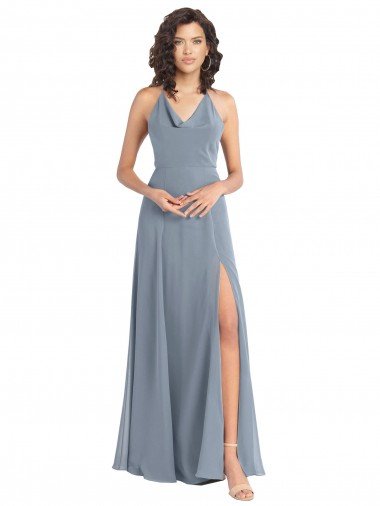 Slim A-Line Cowl Neck Long Chiffon Bridesmaid Dress with Side High Slit Essex