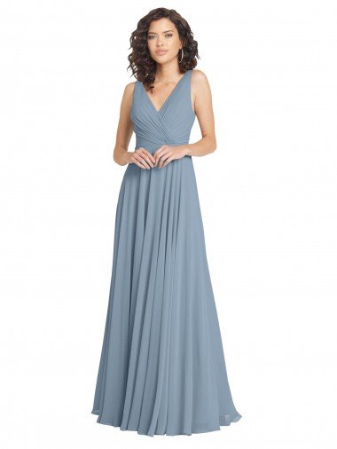 Faux Surplice Bodice Long Chiffon Bridesmaid Dress with V-Neckline Essex