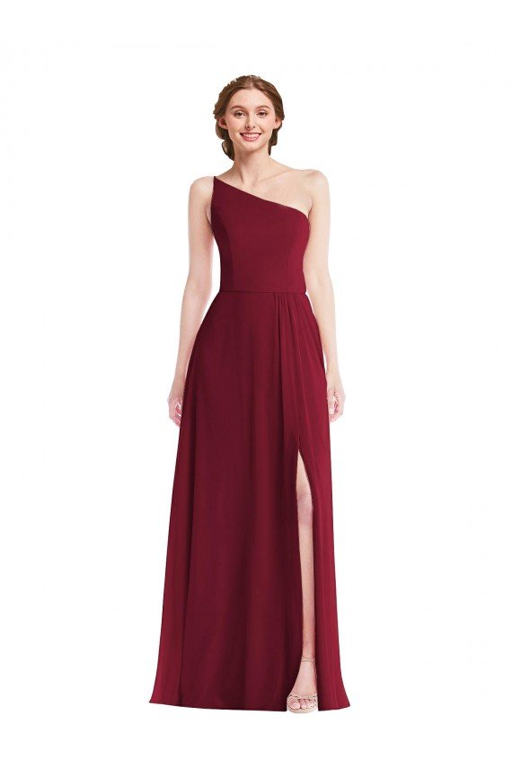 One Shoulder Chiffon Maxi Bridesmaid Dress with Shirred Front Slit Essex
