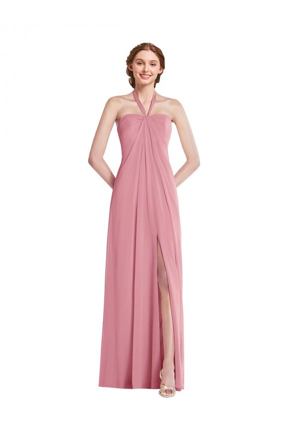 Draped Chiffon Grecian Column Bridesmaid Dress with Front Slit Essex