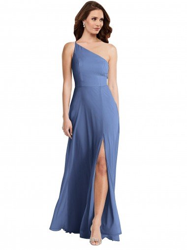 One Shoulder Full Length Maxi Formal Bridesmaid Dress with Flirty Slit Essex