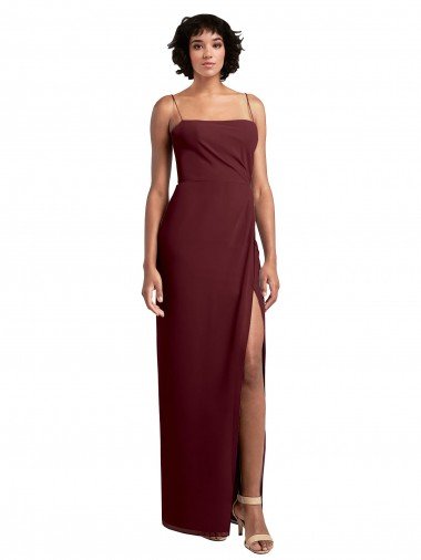 Sleek Straight Neckline Chiffon Bridesmaid Dress with Spaghetti Straps and High Side Slit Essex