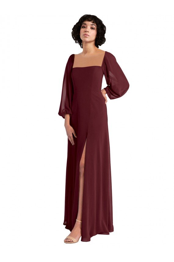 Sheer Long Sleeves Chiffon Bridesmaid Dress with High Slit Essex