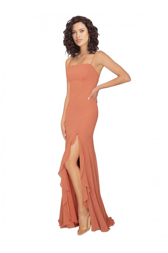 Chiffon Square Neck Bridesmaid Dress with Ruffled Skirt Slit Essex