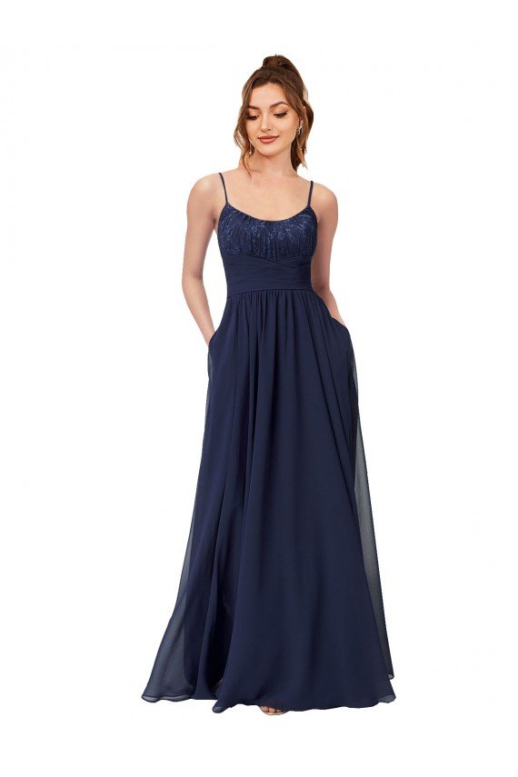 Long Chantilly Lace and Ruched Chiffon Bridesmaid Dress with Pockets Essex