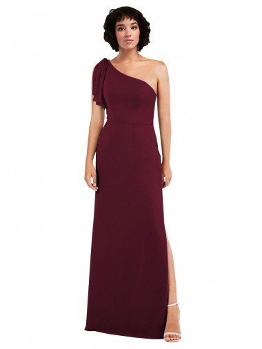One Shoulder Chiffon Formal Bridesmaid Dress with Skirt Slit and Accent Strap Essex