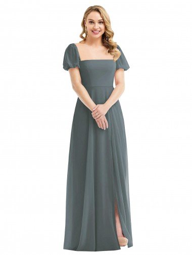 Puff Sleeves Chiffon Maxi Bridesmaid Dress with Front Slit Essex