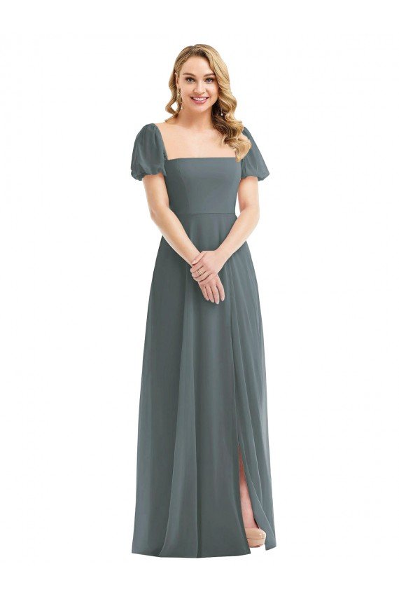 Puff Sleeves Chiffon Maxi Bridesmaid Dress with Front Slit Essex
