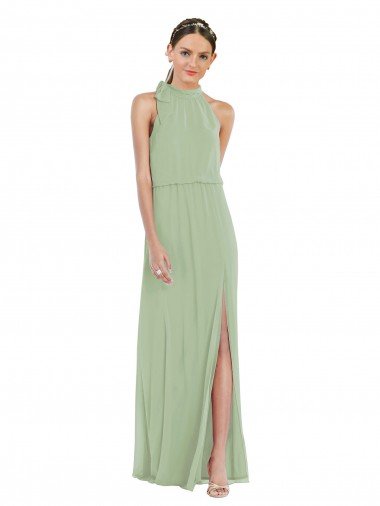 High Neck Scarf Tie Blouson Bodice Maxi Bridesmaid Dress with Front Slit Essex