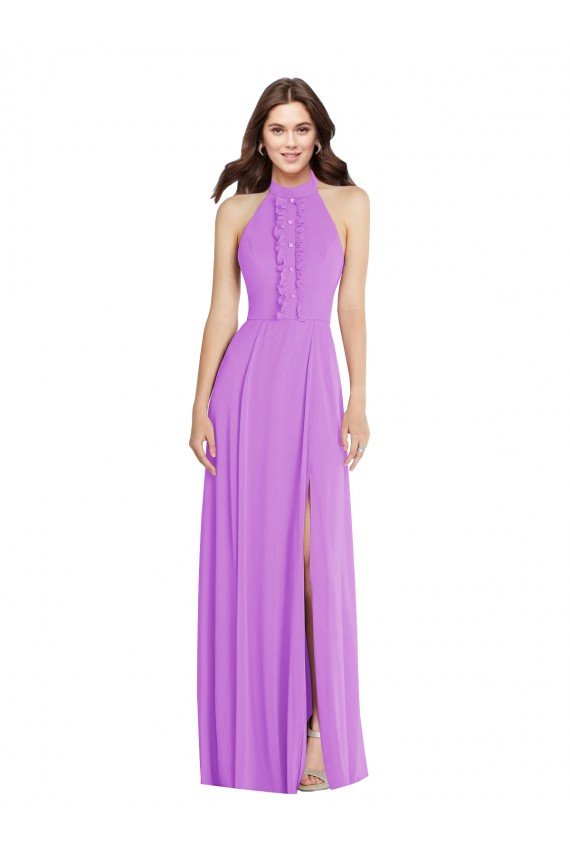 Halter Backless Maxi Formal Bridesmaid Dress with Button Ruffle Placket Essex