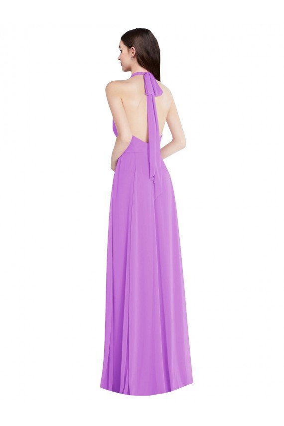 Halter Backless Maxi Formal Bridesmaid Dress with Button Ruffle Placket Essex